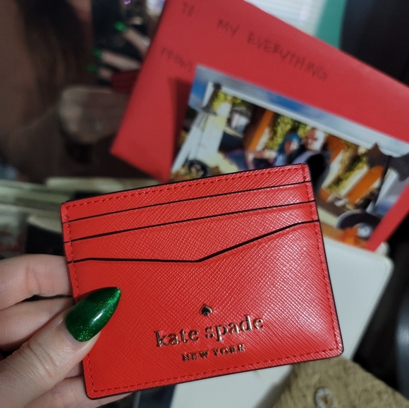 kate spade Accessories - Kate Spade ♠️ Staci Small Slim Card Holder - Bright Melon Red & Silver KSNY Logo